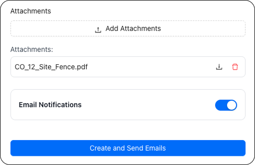 Screenshot of Create RFI form attachments and email notification setting