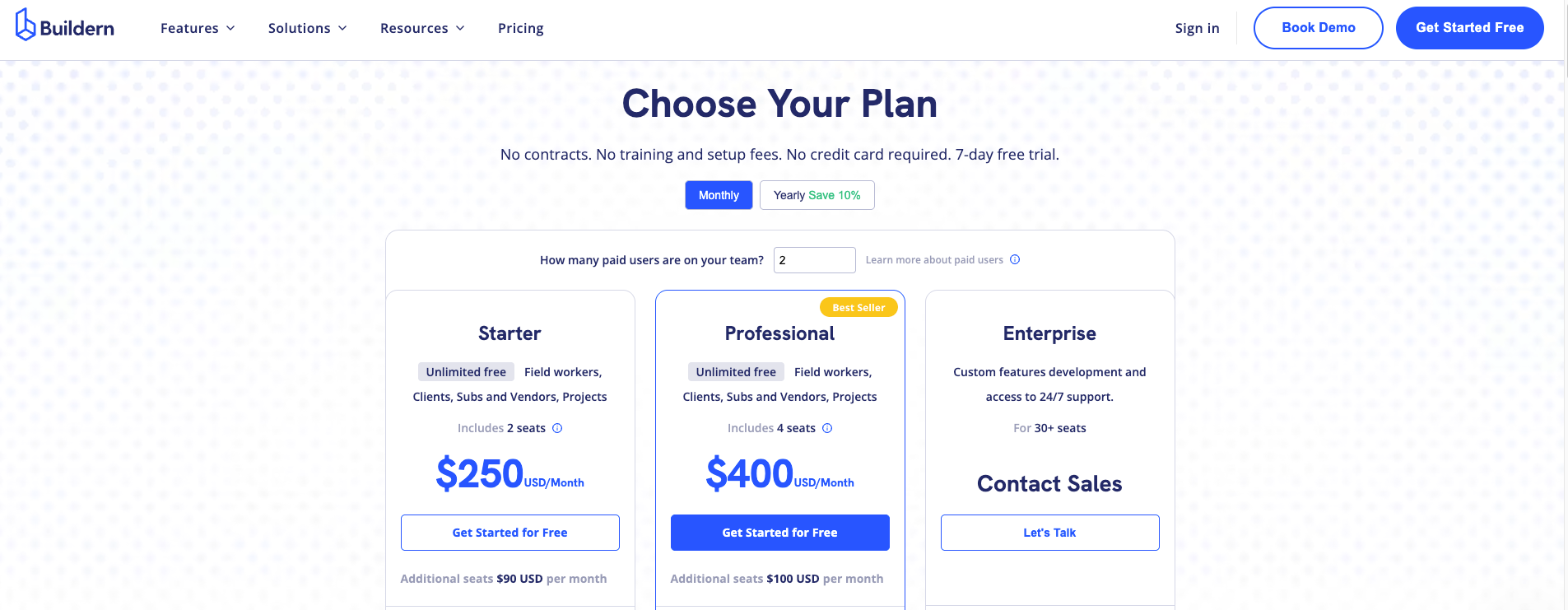 Screenshot of Buildern pricing
