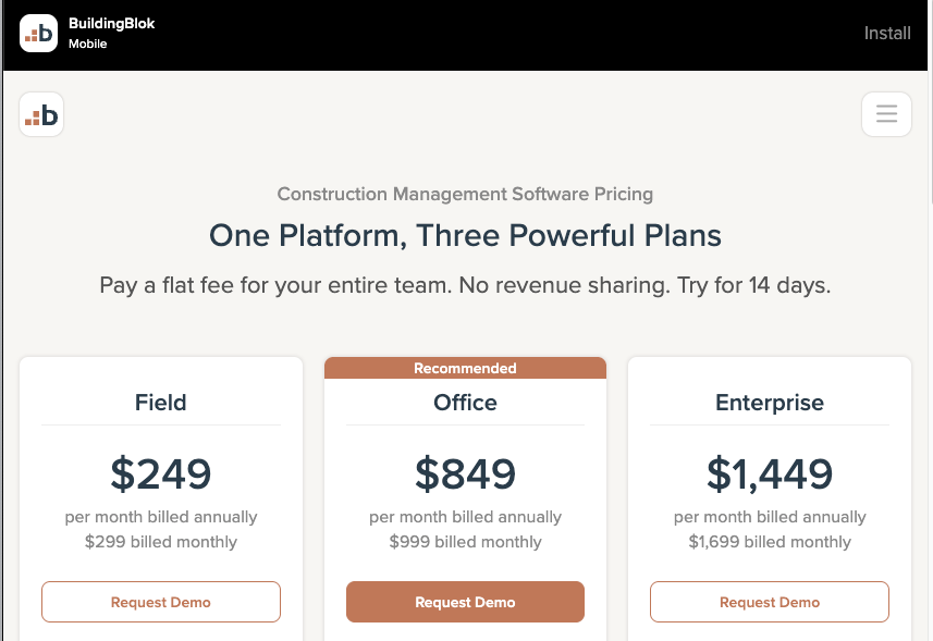 Screenshot of BuildingBlok pricing