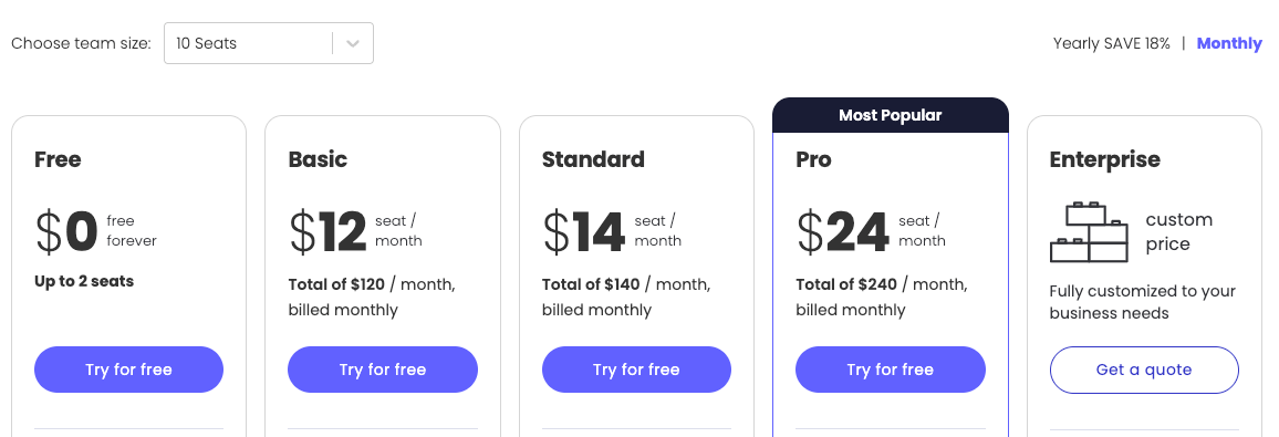 Screenshot of Monday com pricing