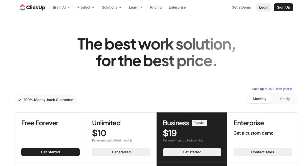 Screenshot of Clickup pricing