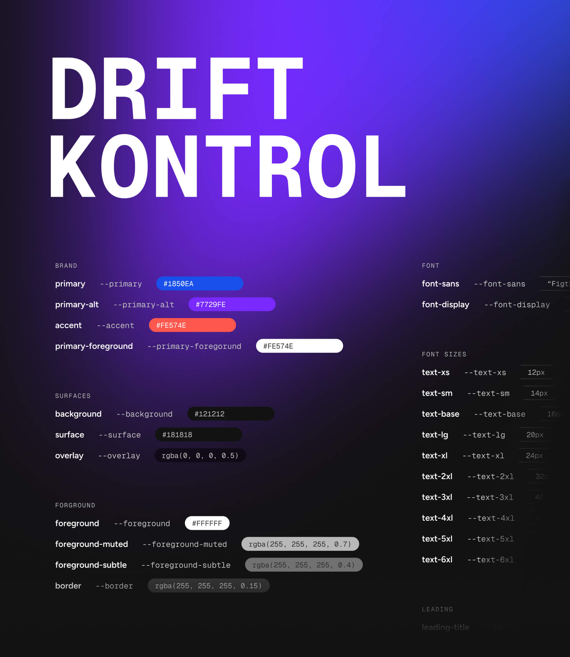 Brand color palette and font style guide called Drift Kontrol. A compact design system created by Ghostudio