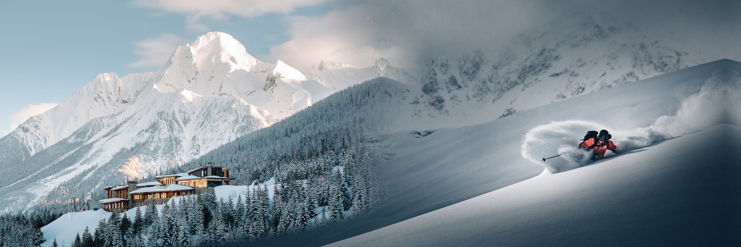 A heli-ski lodge below a snow-covered peak, with a skier carving powder on the slope to the right