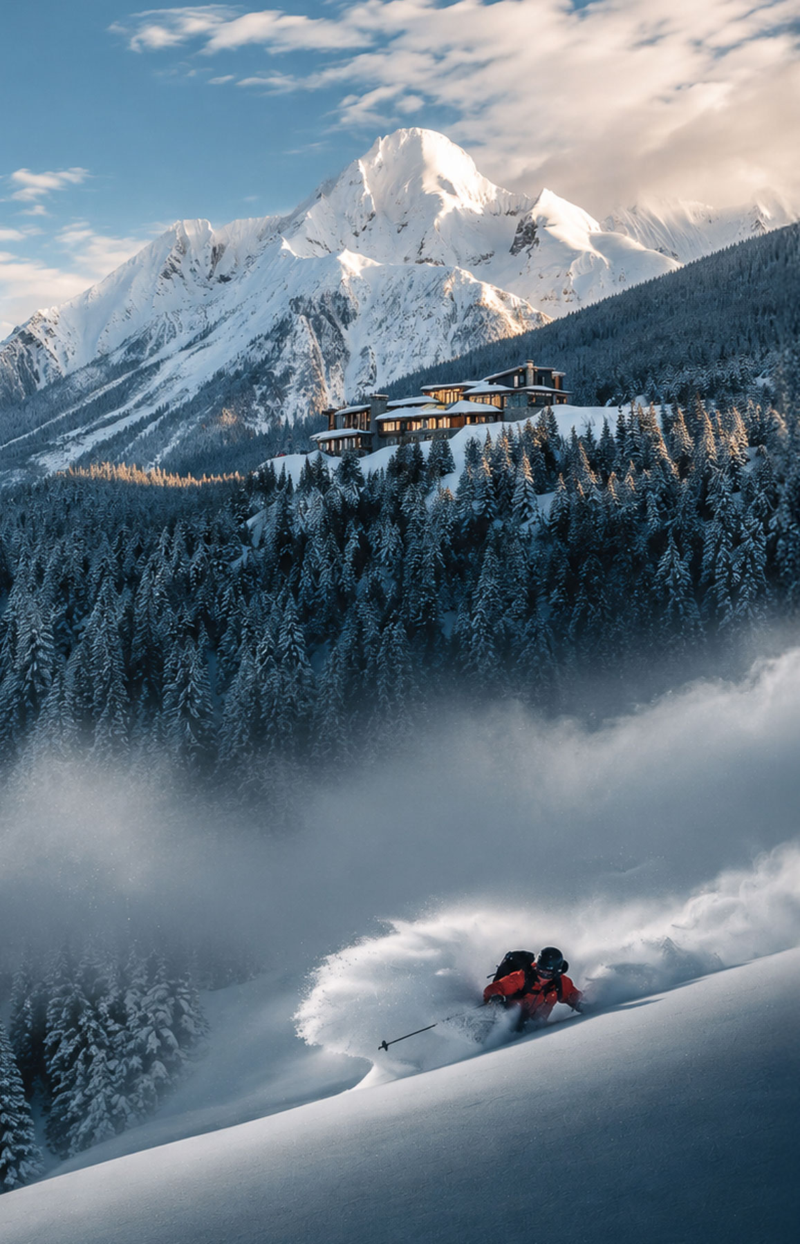 A heli-ski lodge below a snow-covered peak, with a skier carving powder on the slope below