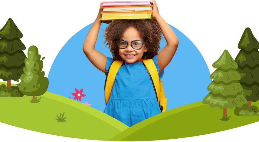 Smiling student holding books on head wearing glasses and a backpack