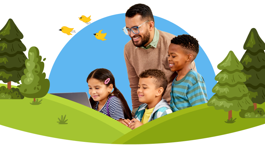 father with three kids smiling at laptop screen