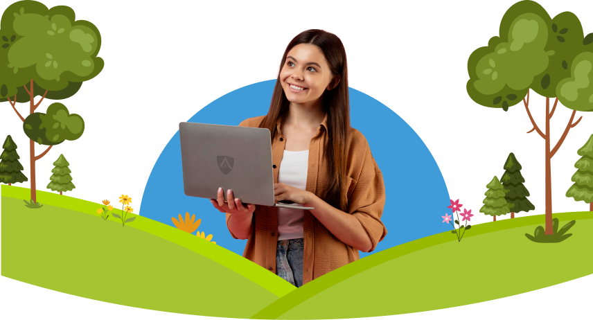 Smiling female student using a laptop for online learning with Enlightium Academy
