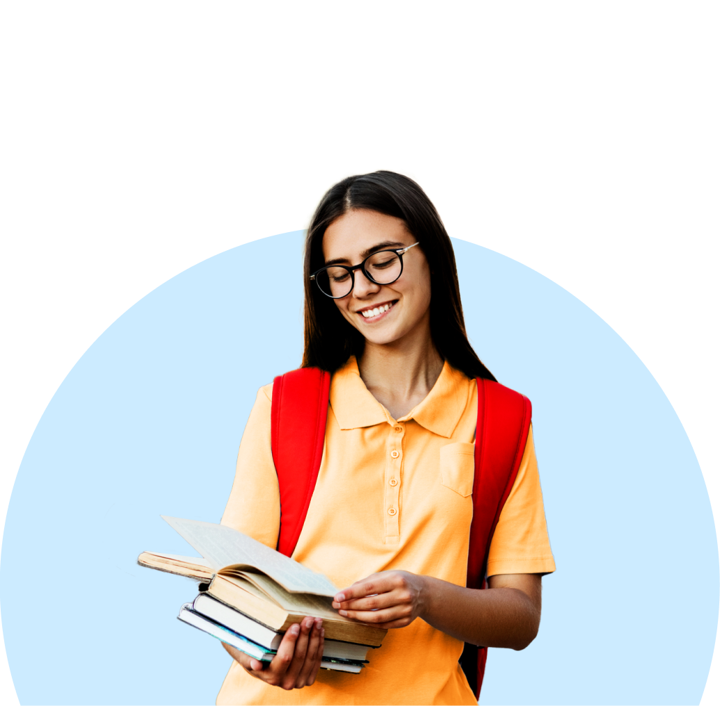Happy female high school student studying online with Enlightium Academy
