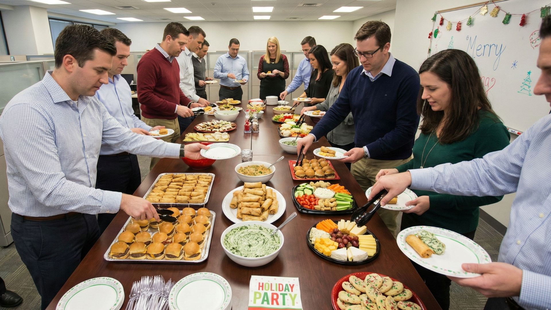 Office workers gathering around a long table laden with various dishes for a holiday potluck lunch.