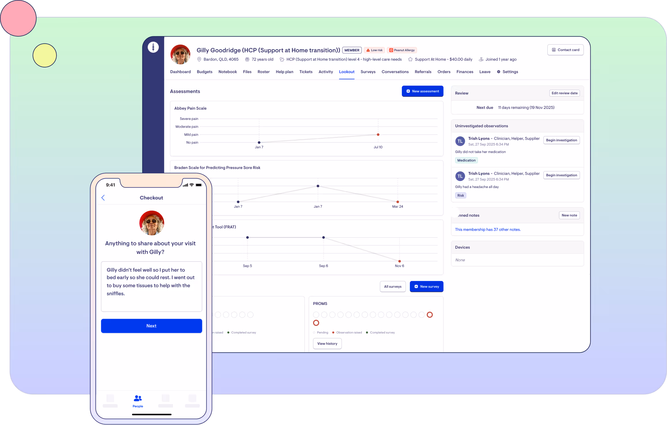 A worker has left a checkout note, which flows through to observations in Lookout.
