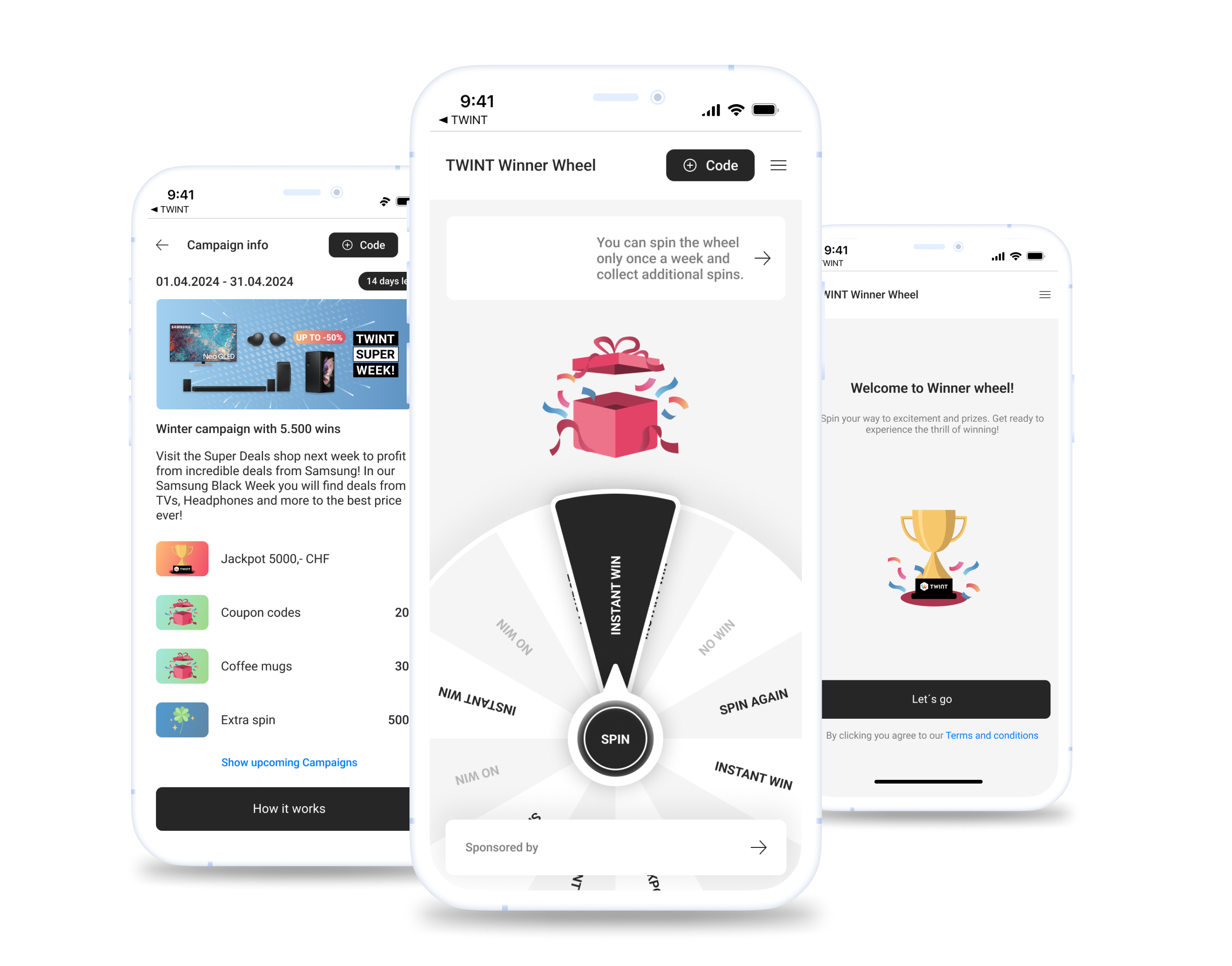 TWINT app screens showing the Super Deals campaign interface and the Spin & Win feature, both built by Modeso as part of TWINT's marketplace expansion.