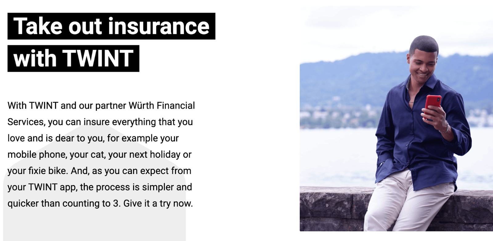 TWINT website promotion for the Insurhub insurance feature, built by Modeso in partnership with Würth Financial Services.