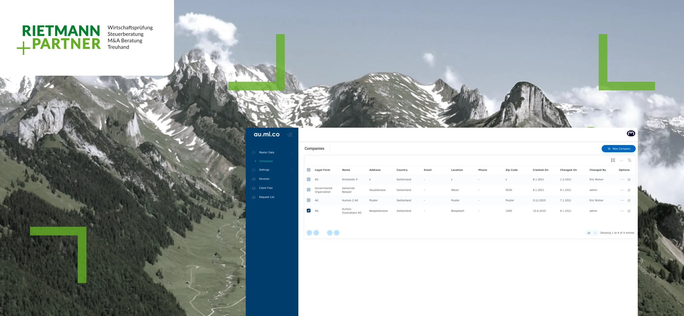 Rietmann & Partner's custom audit management platform, showing a company dashboard with client records and workflow navigation.