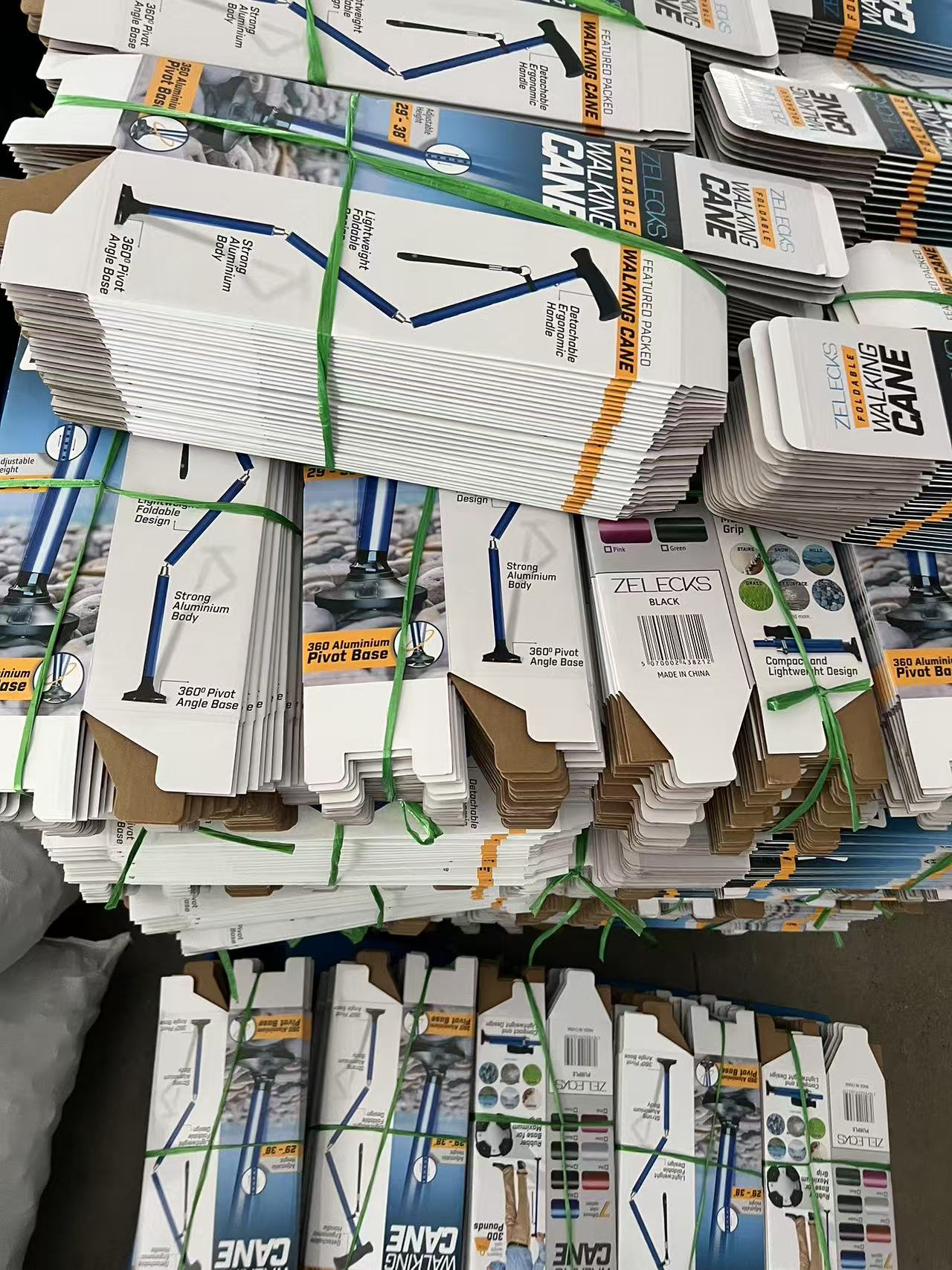 Flat printed packaging sheets before folding