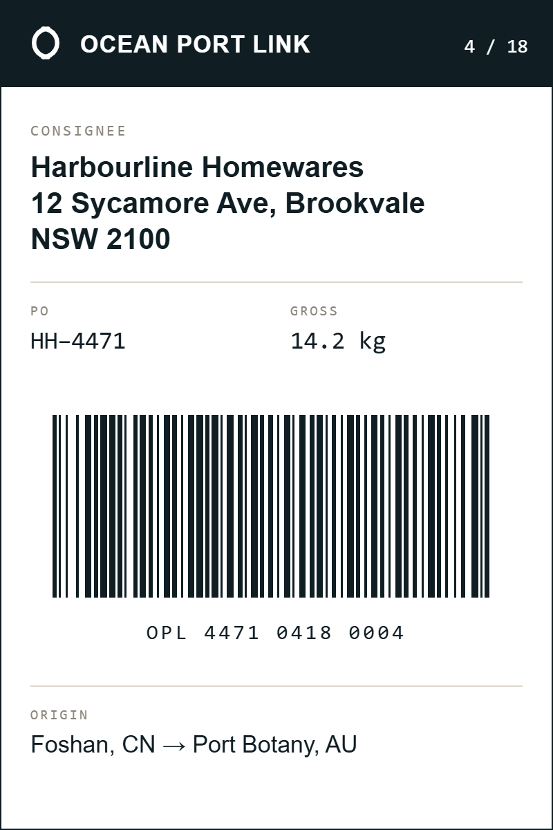 Specimen Ocean Port Link carton label showing purchase order, carton number, dimensions, weight and a scannable Code 128 barcode.