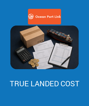Ocean Port Link cover showing a shipping carton, cargo vessel, customs papers and calculator for calculating landed cost from China to Australia.