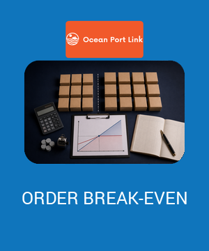 Ocean Port Link cover showing grouped cartons, a calculator and a break-even chart for testing an import order quantity.