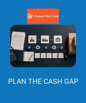 Ocean Port Link cover showing factory, shipping and warehouse stages with payment markers for a China sourcing cash-flow timeline.