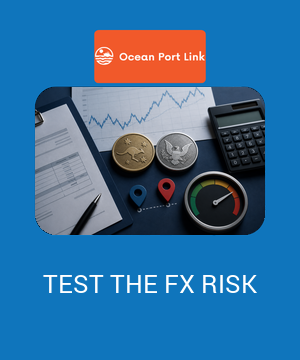 Ocean Port Link cover showing AUD and USD currency markers, an exchange-rate chart, calculator and risk gauge for a China import order.