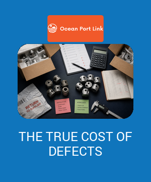 Ocean Port Link cover showing approved and defective metal components, inspection tools and a cost ledger for supplier quality failures.