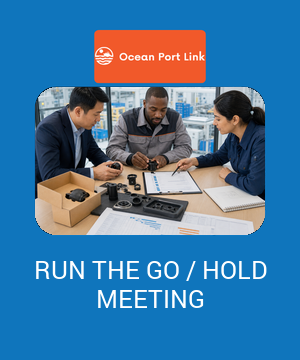 Illustrative pre-production meeting cover showing product, material, quality and schedule evidence converging on a production go-or-hold decision.