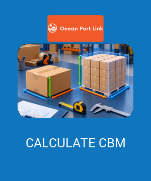 Illustrative CBM calculation cover showing final carton and loaded-pallet dimensions measured as outer shipping envelopes.