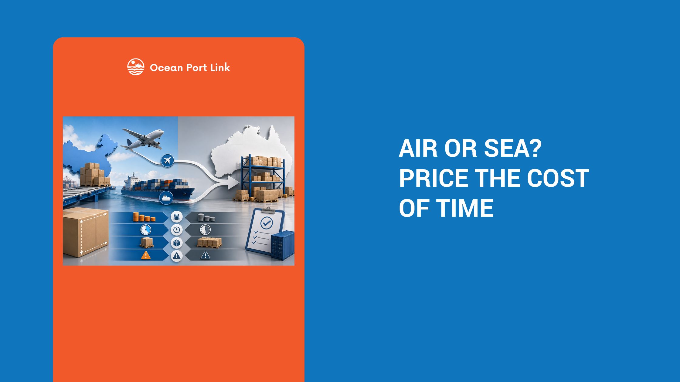 Illustrative air-versus-sea freight cover comparing an air cargo pallet and ocean container against a cost-of-time worksheet.