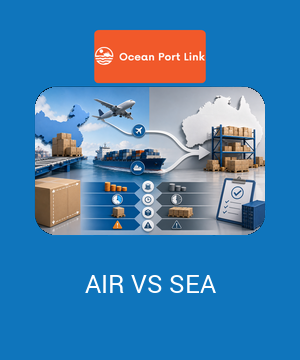 Illustrative air-versus-sea freight cover comparing an air cargo pallet and ocean container against a cost-of-time worksheet.
