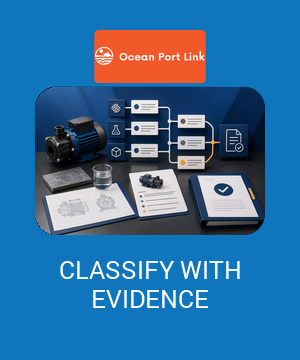 Illustrative tariff-classification cover showing product materials, function, dimensions and components converging on an evidence record.