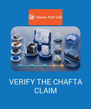 Illustrative ChAFTA claim cover showing product, origin evidence and shipment documents aligned along a China-to-Australia route.