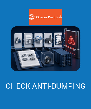 Illustrative anti-dumping screening cover showing product, country, manufacturer and evidence checkpoints before an import-risk warning gate.
