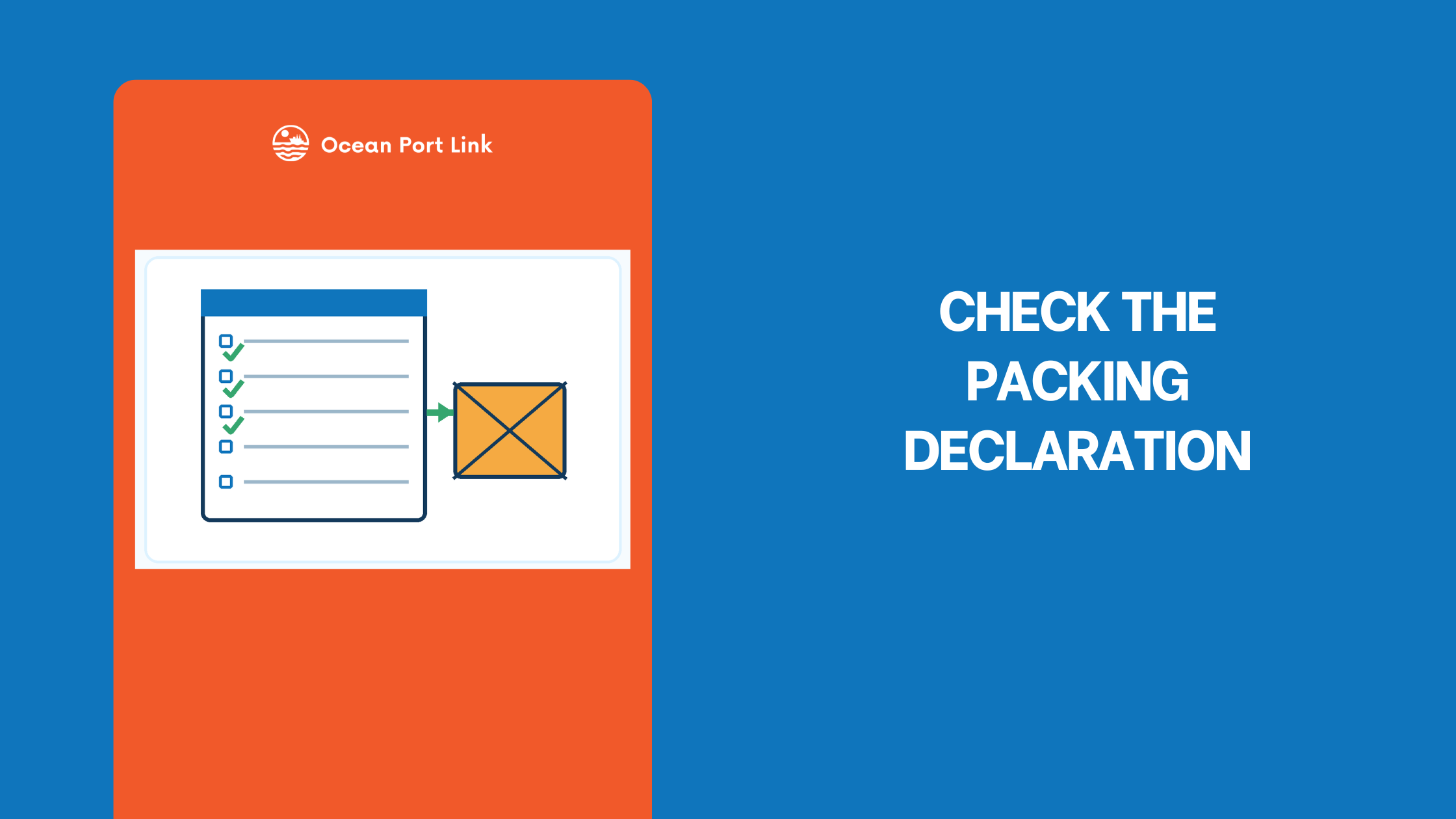 Illustrative Australian packing declaration checklist linked to a packed shipping crate.