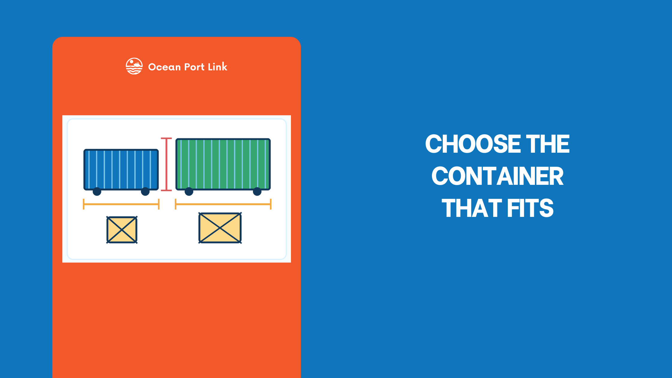 Illustrative container selection cover comparing two dry-container sizes against height, length and crate-fit constraints.