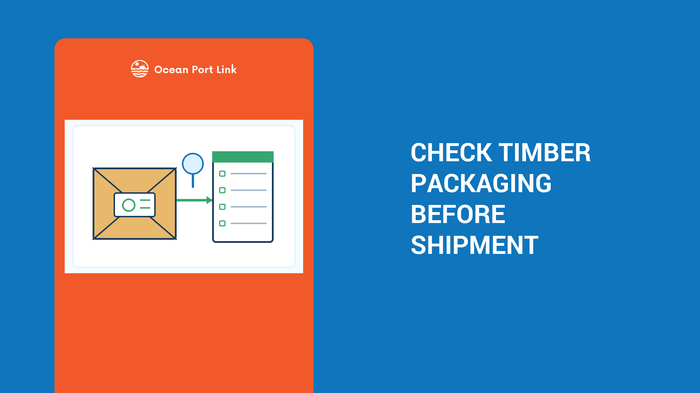Illustrative timber-packaging check showing a marked crate, inspection evidence and a pre-shipment verification list.