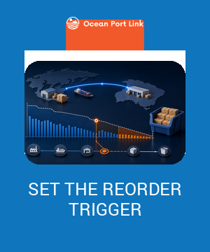 Illustrative imported-inventory planning cover showing demand, a reorder trigger, safety stock and the end-to-end replenishment route.