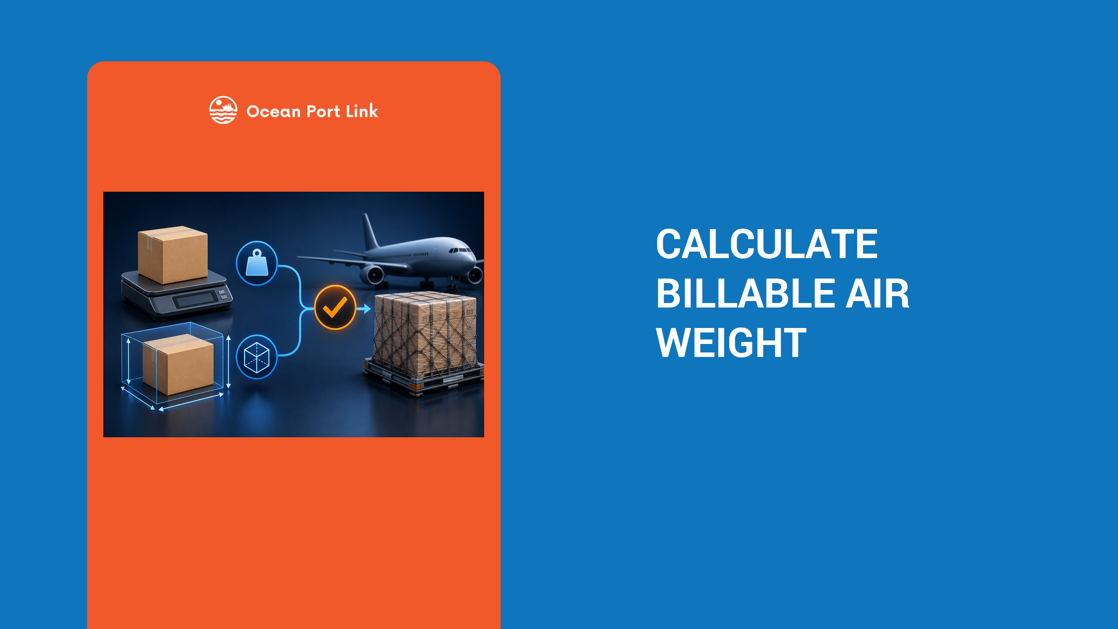 Illustrative air-freight calculation cover comparing carton scale weight and dimensions before selecting the chargeable weight.