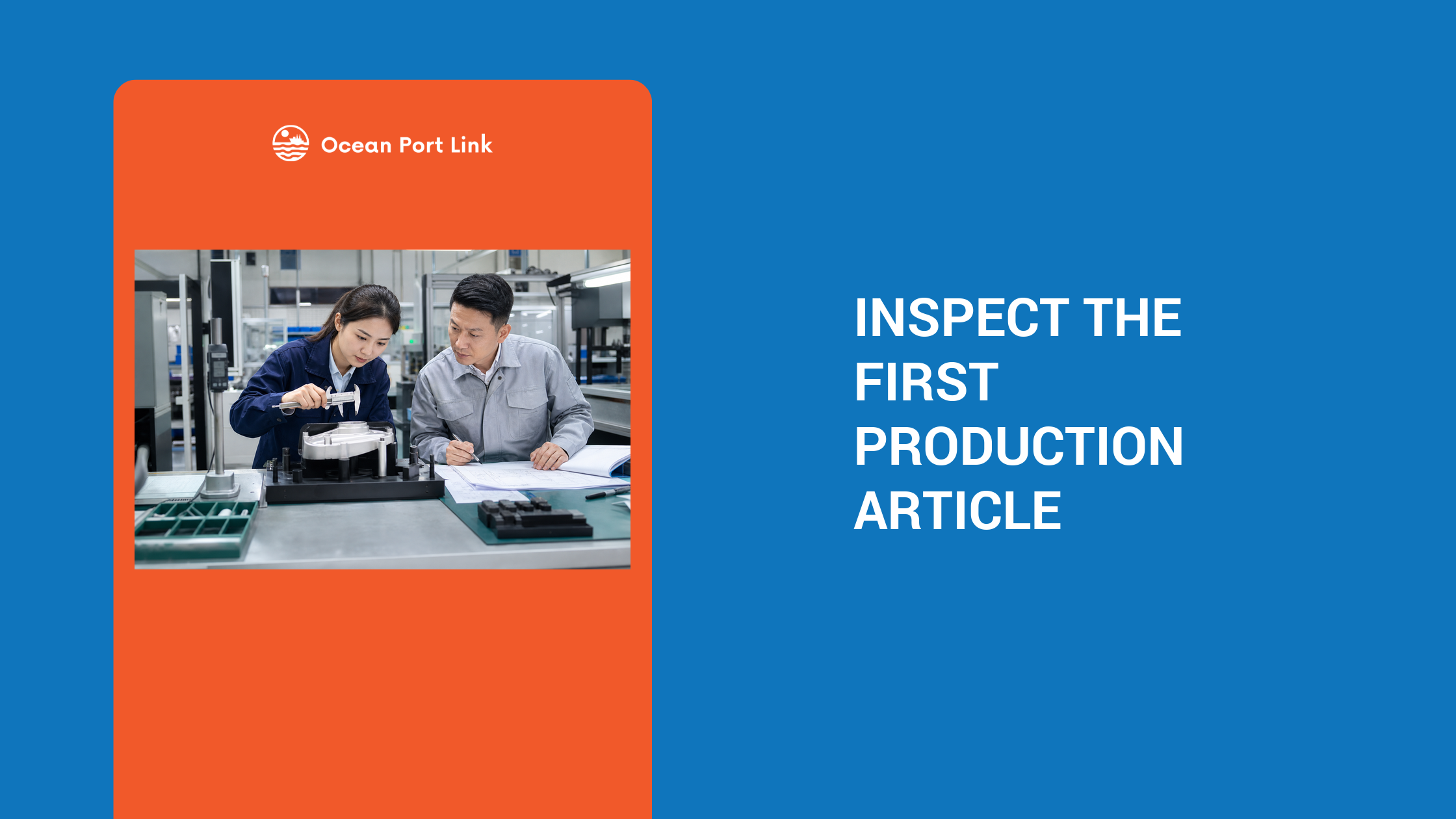 Illustrative first article inspection showing factory staff measuring an intended-production unit against controlled drawings before release.