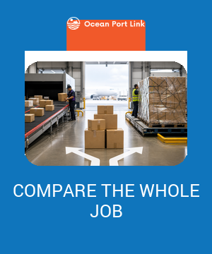 Illustrative air-delivery comparison showing small cartons between an express parcel lane and a palletised forwarder air-freight lane.