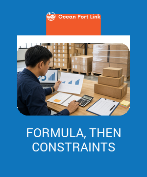 Importer comparing economic order quantity inputs beside stacked inventory cartons.