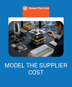 Buyer reviewing a supplier should-cost model with materials, conversion, packaging and tooling cost drivers.