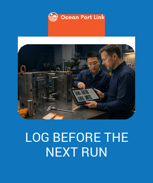 Importer reviewing a mould condition log with tool identity, inspection photos, maintenance and release status.
