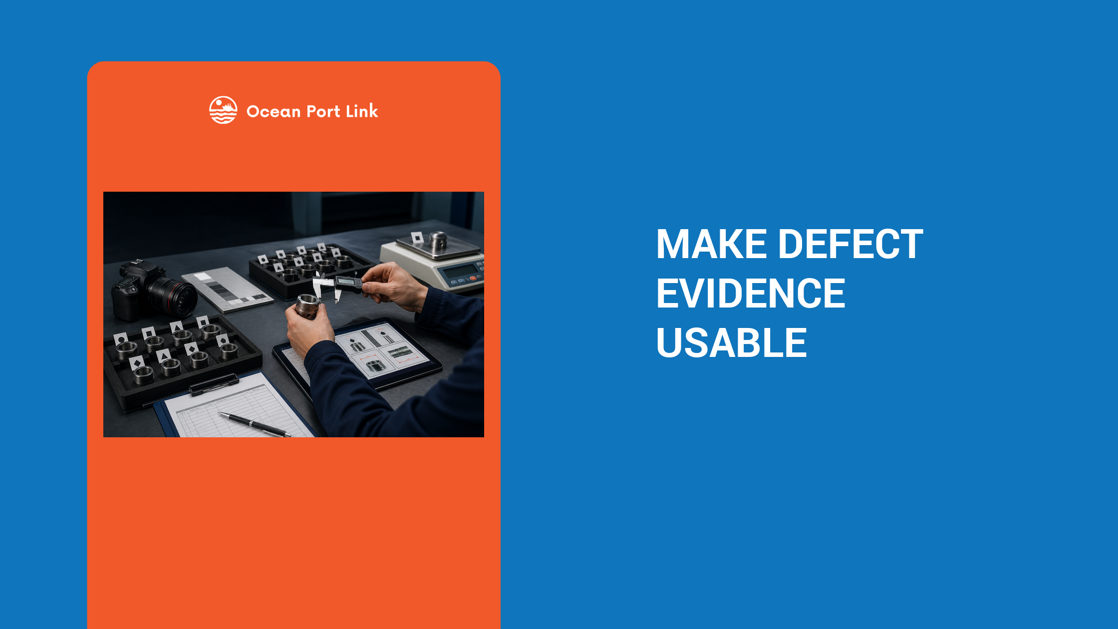 Quality owner assembling traceable supplier defect photos, measurements, sample IDs and specification references.