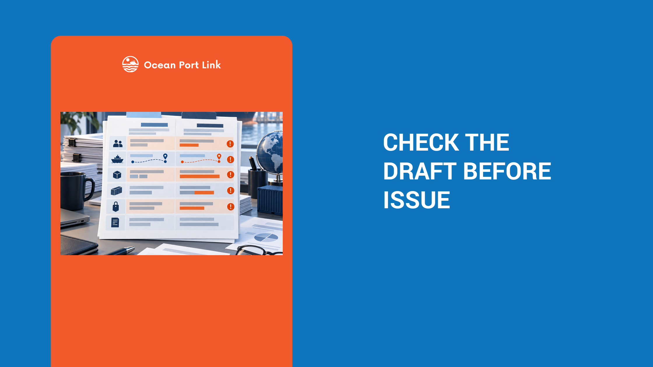 Illustrated bill-of-lading draft review with highlighted party, routing and cargo fields.
