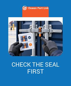 Illustration of container doors, a numbered seal and a discrepancy-check record.