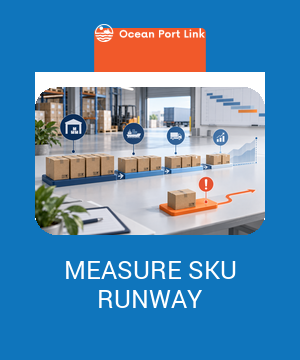 Illustration of imported inventory cartons moving across an SKU stock-runway timeline with one low-runway exception.