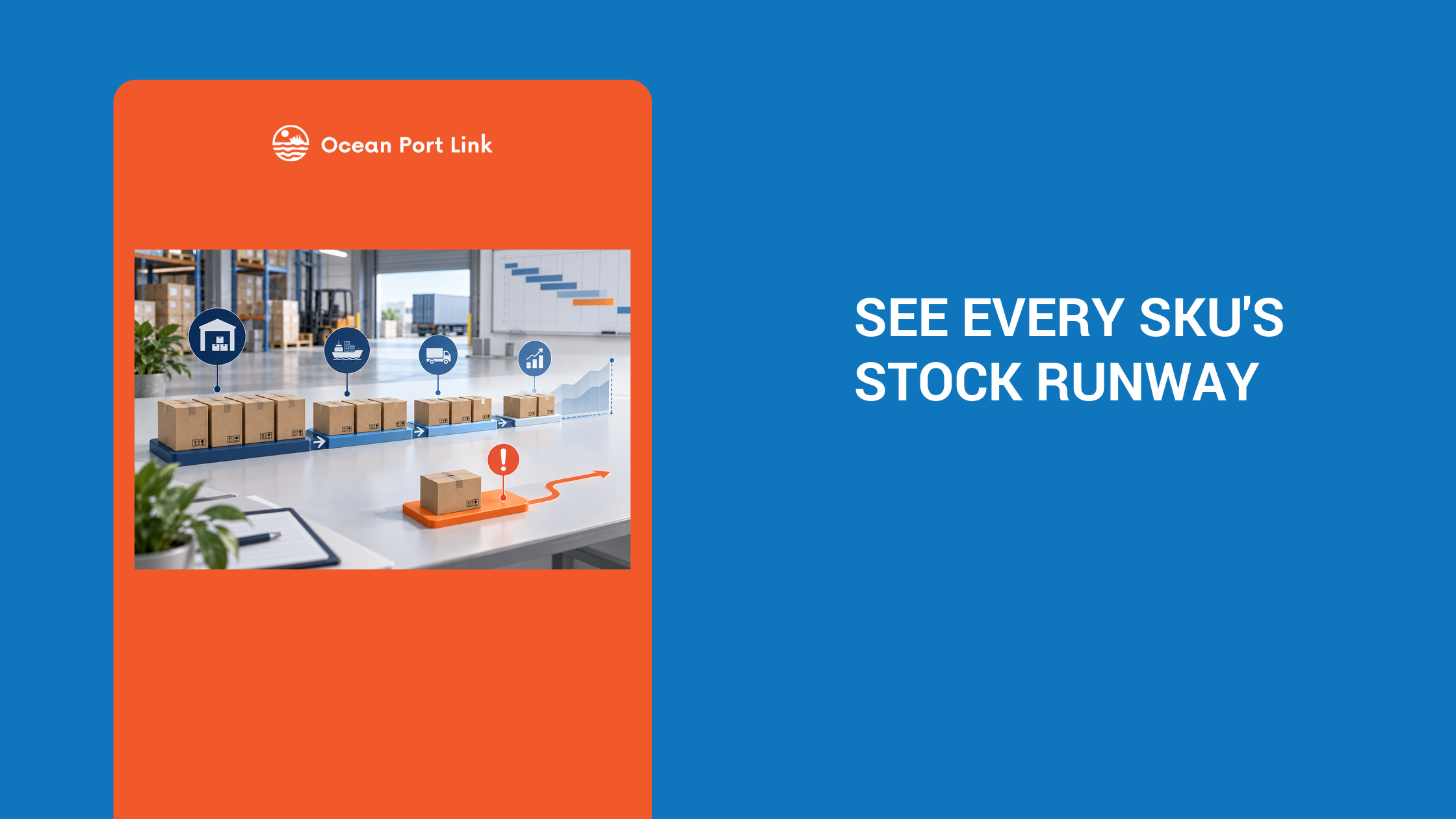 Illustration of imported inventory cartons moving across an SKU stock-runway timeline with one low-runway exception.