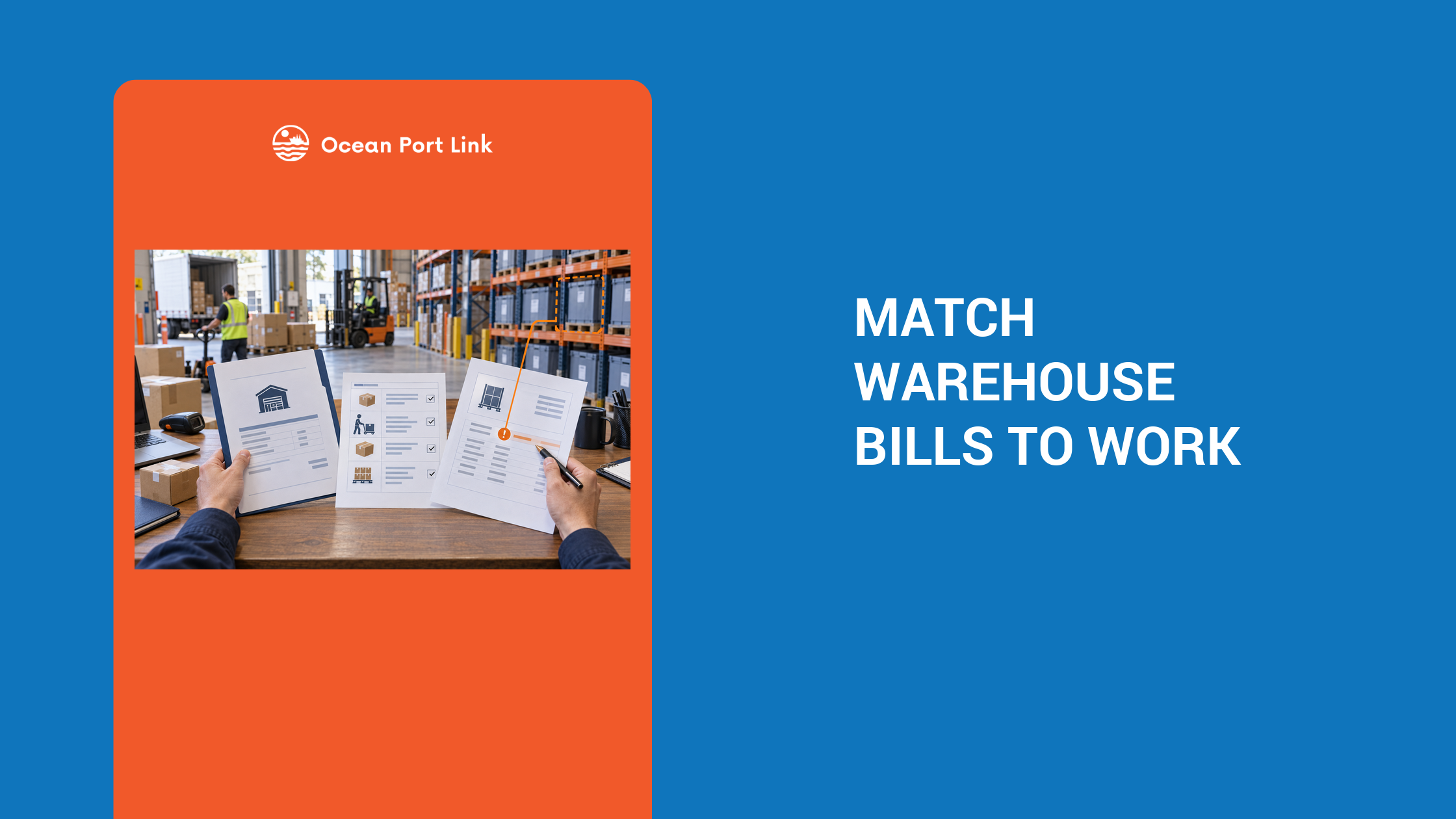 Illustration matching warehouse-service billing to rate-card records, pick activity and occupied storage space.