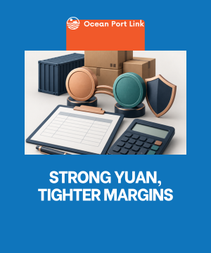 Illustration of export cartons, currency tokens and a supplier quotation review representing yuan-related margin pressure