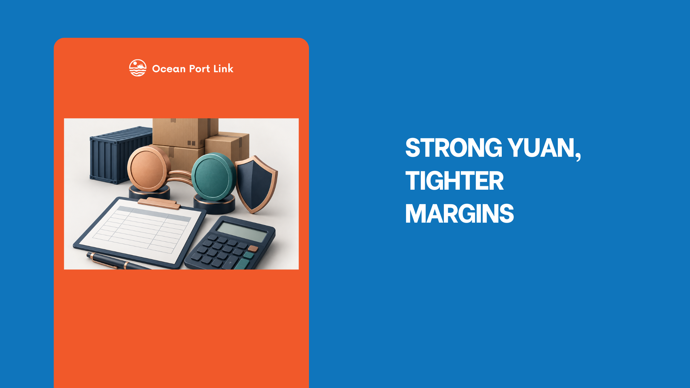 Illustration of export cartons, currency tokens and a supplier quotation review representing yuan-related margin pressure