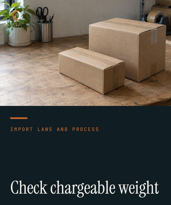 Illustrative air-freight calculation cover comparing carton scale weight and dimensions before selecting the chargeable weight.